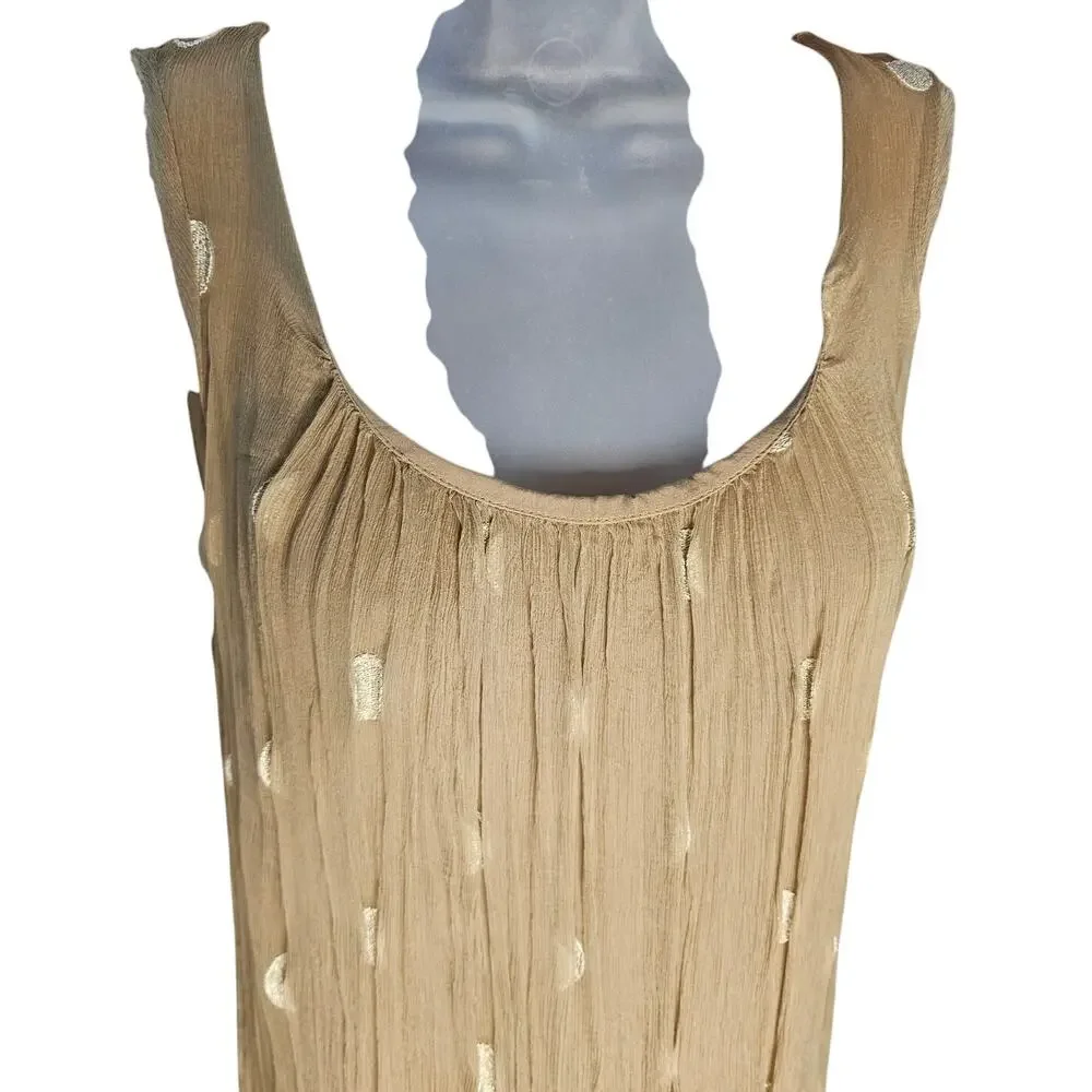 Nana Nucci Tan Tank Midi Dress Sz S Crinkled Fabric Gold Metallic Dashes Silk - Picture 3 of 10